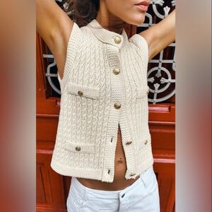 Zara Knit Cardigan Vest Gold Buttons Preppy Cotton Blend Cream